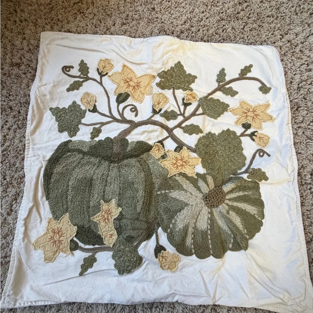 Pottery Barn 20 x 20 pumpkin patch crewel embroidered pillow cover cream green